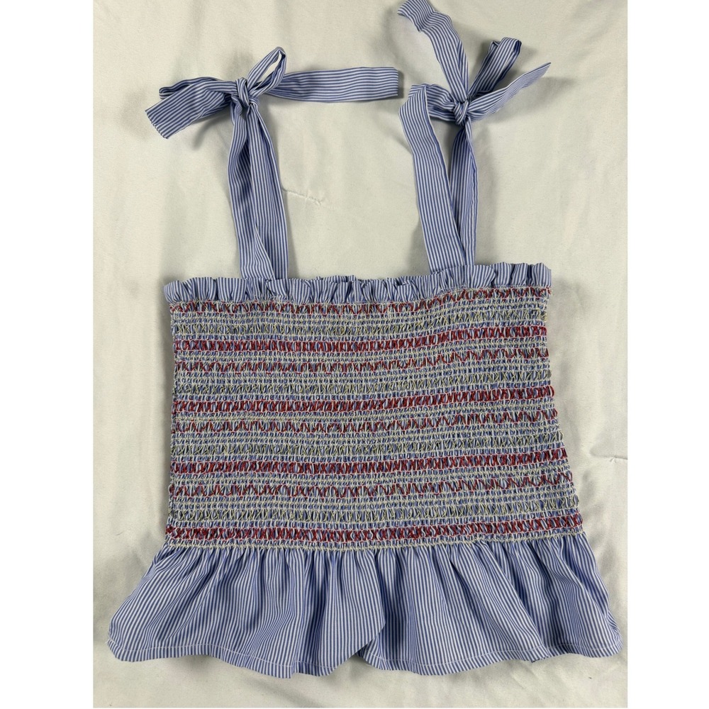 Style Envy Womens Blue White Striped Smocked Tie Strap‎ Peplum Tank Top Size M